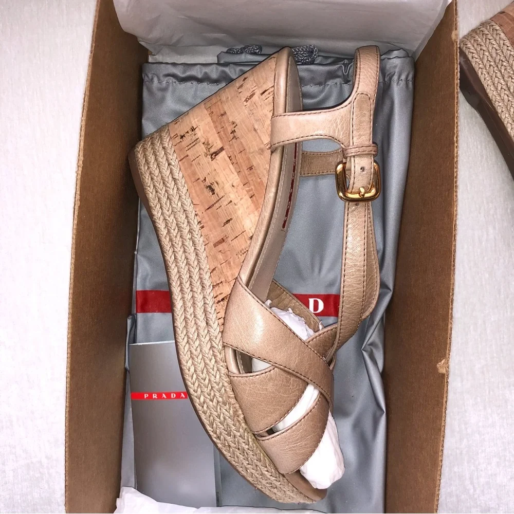 NWT Prada Tan Platform Cork Wedge Sandals New Size 38